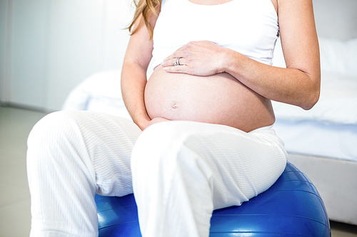 Midsection of pregnant woman sitting on ball