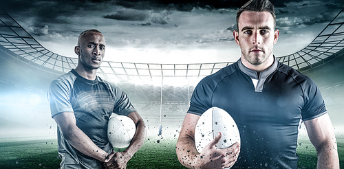 Composite image of portrait of confident sportsman with rugby ball