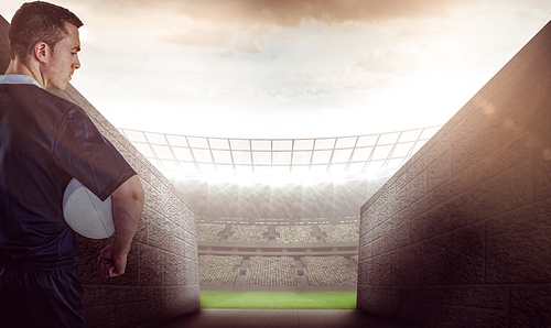 Composite image of rugby player gesturing with hands