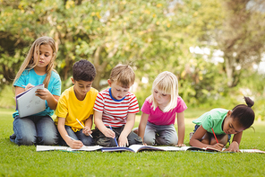 Classmates sitting in grass and studying on campus