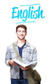 The word english and student smiling at camera in library against white background with vignette