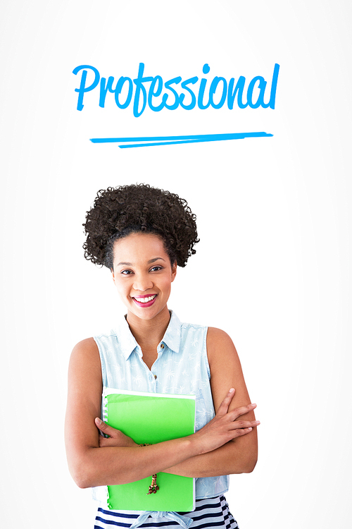 The word professional and portrait of smiling young woman with file against white background with vignette