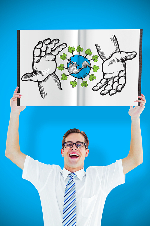 Nerd showing a book against blue background with vignette