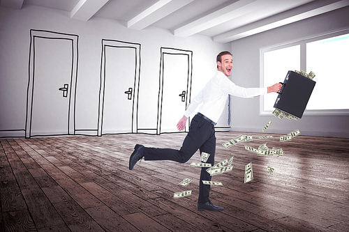 Running businessman against doodle doors in room