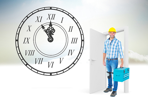 Full length portrait of repairman with toolbox against open door in sky