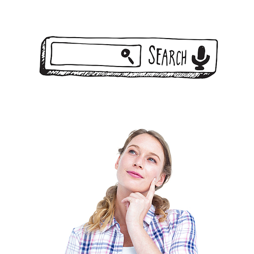 Thoughtful pretty hipster  against search bar doodle