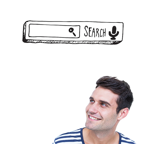 Handsome hipster looking away  against search bar doodle