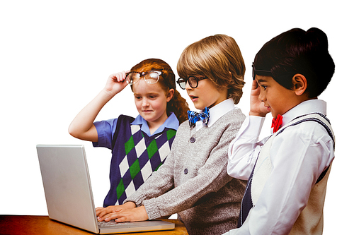 Pupils using laptop against white background with vignette