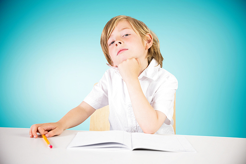 Cute pupil thinking against blue vignette background