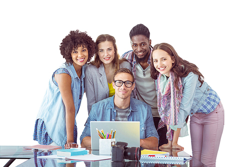 Fashion students working as a team  against white background with vignette