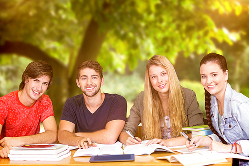 Students studying against trees and meadow in the park