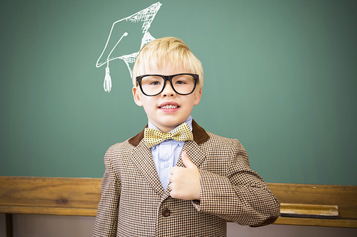 Graduation hat vector against cute pupil dressed up as teacher in classroom