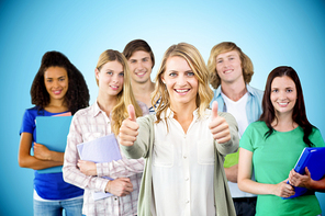 College students gesturing thumbs up against blue background with vignette