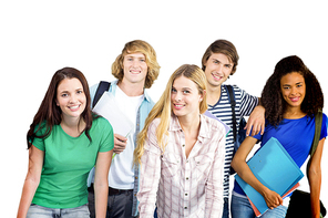 Happy college students against white background with vignette