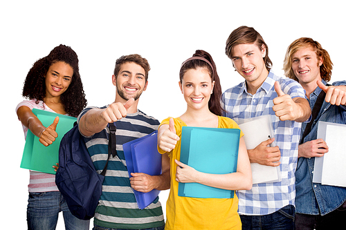 College students gesturing thumbs up against white background with vignette