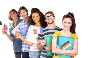 College students holding flags against white background with vignette