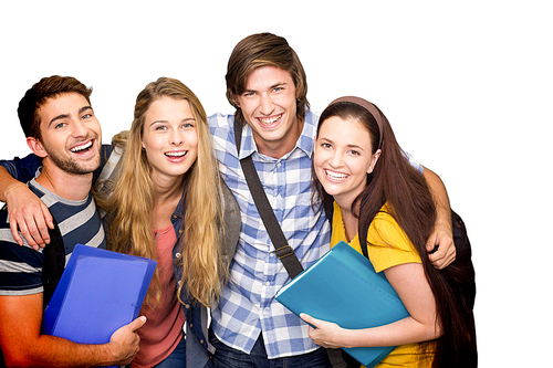 Students holding folders at college corridor against white background with vignette