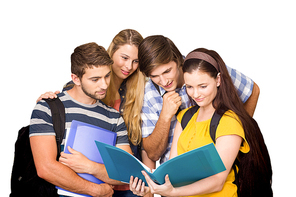 Students holding folders at college corridor against white background with vignette