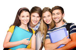 Happy students holding folders at college corridor against white background with vignette