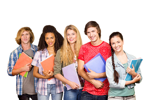 College students holding books in library against white background with vignette