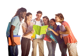 Happy students outside on campus  against white background with vignette