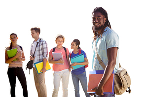 Happy students outside on campus  against white background with vignette