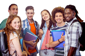 Smiling group of students holding folders against white background with vignette