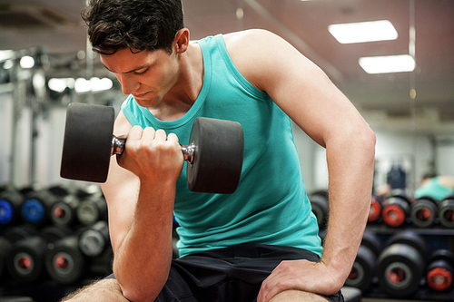 Man lifting dumbbell weight while sitting at the gym