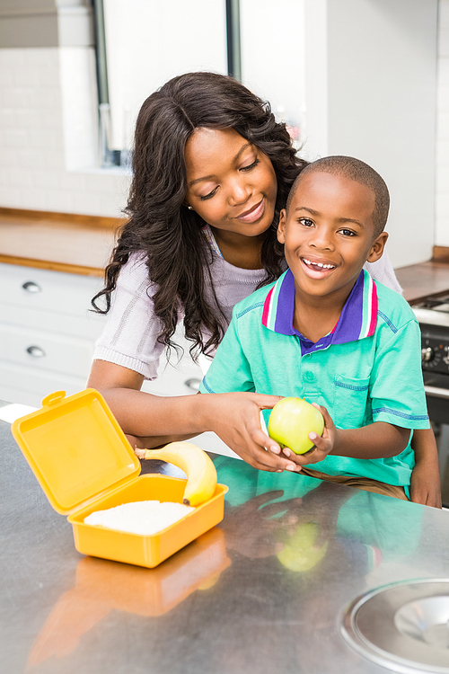 Smiling mother preparing sons school lunch in the kitchen