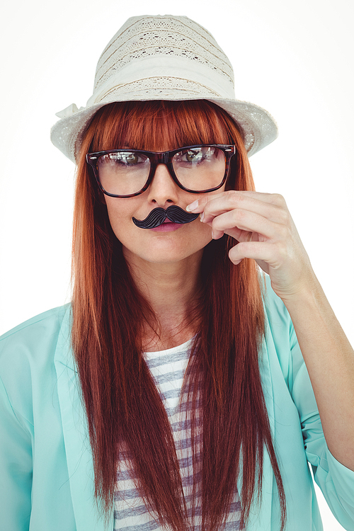 Happy smiling hipster with a mustache against white background