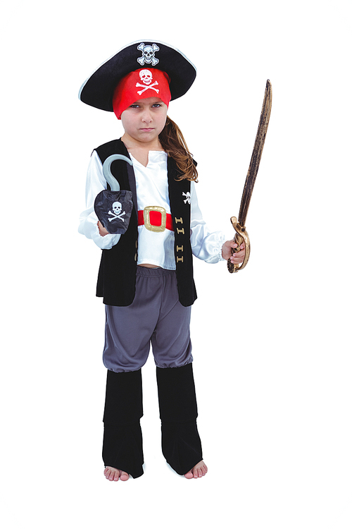 Masked girl pretending to be pirate on white screen