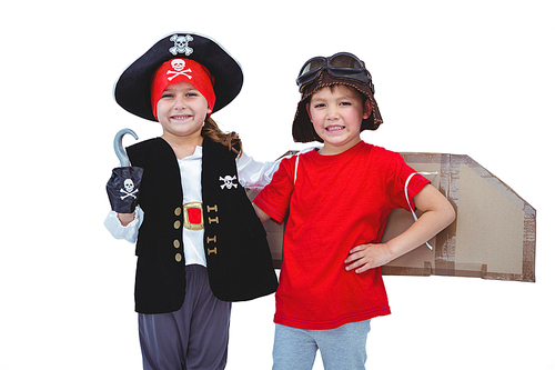 Masked kids pretending to be pirate and pilot on white screen