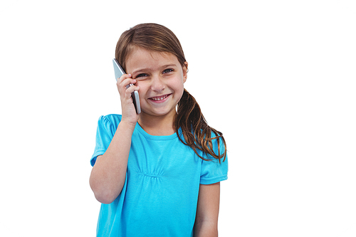 Cute girl on a phone call on white screen