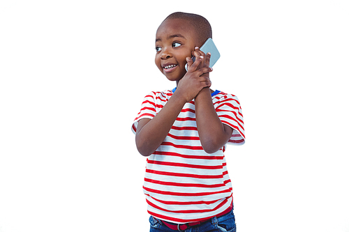 Standing boy on a phone call on white screen