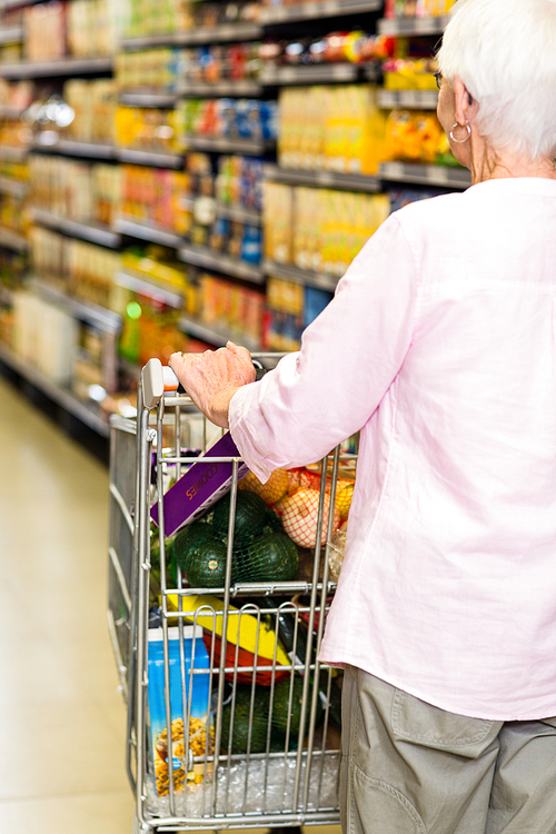 Rear view of senior woman pushing trolley in supermarket