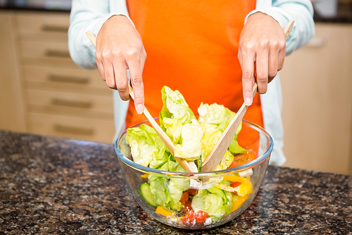 Mid section of woman preparing salad in the kitchen