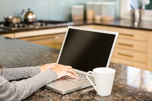 Close up of woman using laptop in the kitchen