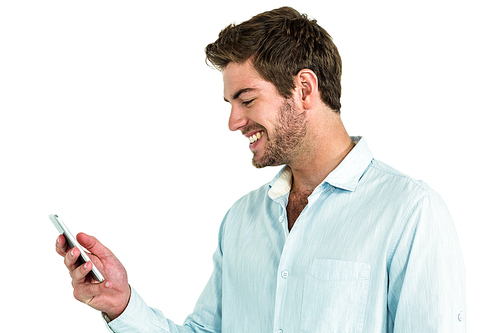 Handsome man using smartphone on white background