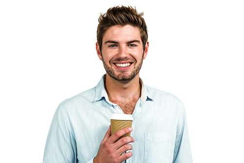 Smiling man with disposable cup on white screen