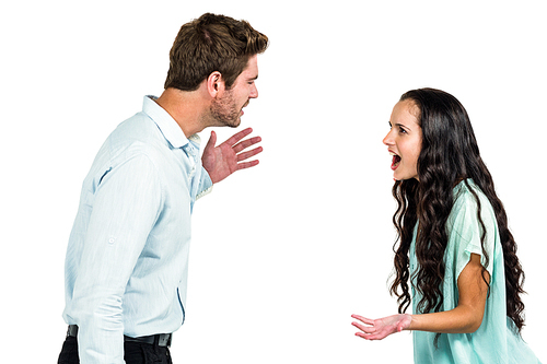 Couple shouting and having argument on white background