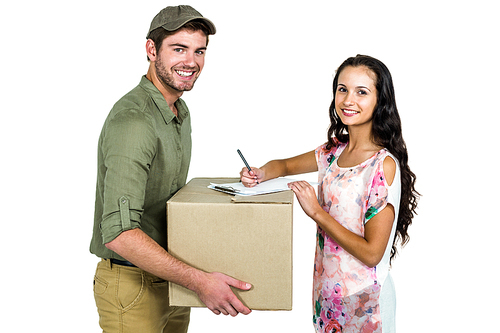 Woman signing for pack delivery with smiling postman on white screen