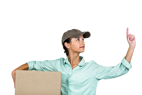 Smart delivery woman holding pack pointing up on white screen