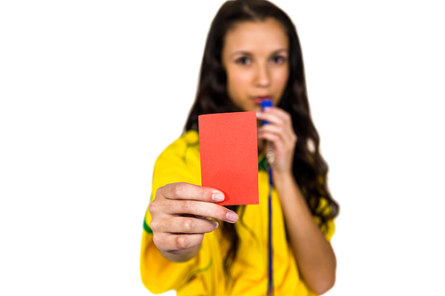 Supporting woman showing red card on white screen