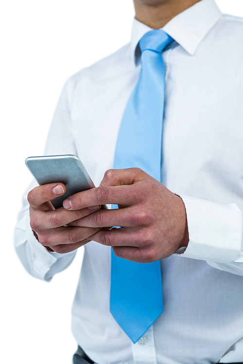 Businessman using his phone on white screen