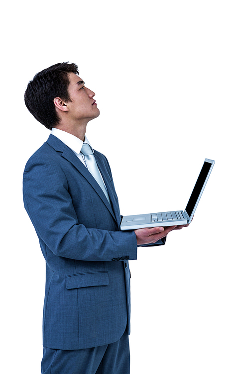 Businessman look away with his computer on white screen