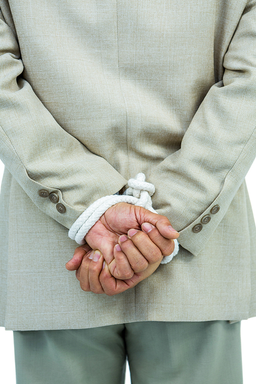 Businessman tied up in rope on white background