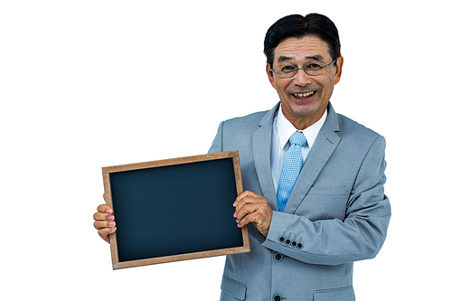 Asian businessman holding a black board on white board