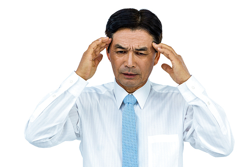 Businessman with severe headache on white background