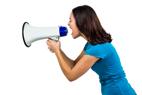 Woman shouting through megaphone on white background