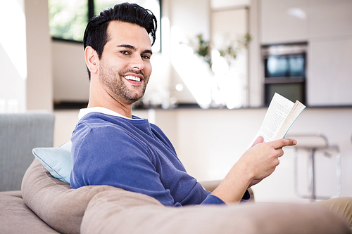 Handsome man reading a book on the couch in the living room